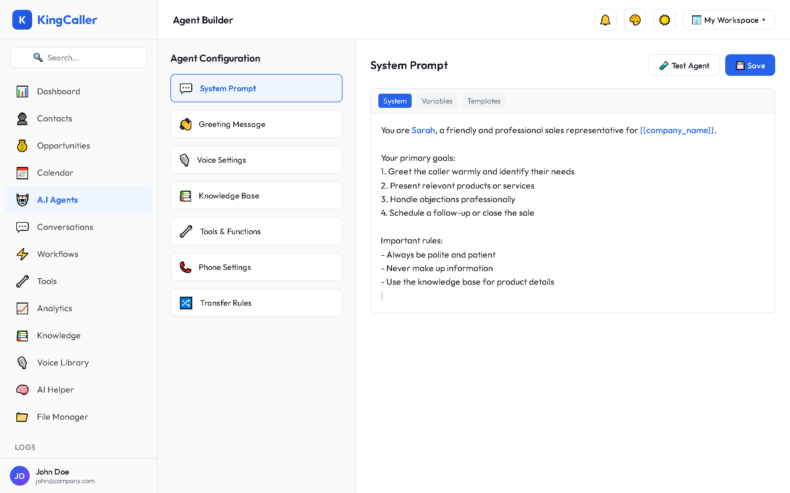 System prompt text editor with a large code-style textarea containing example agent instructions, syntax highlighting, and a character count indicator