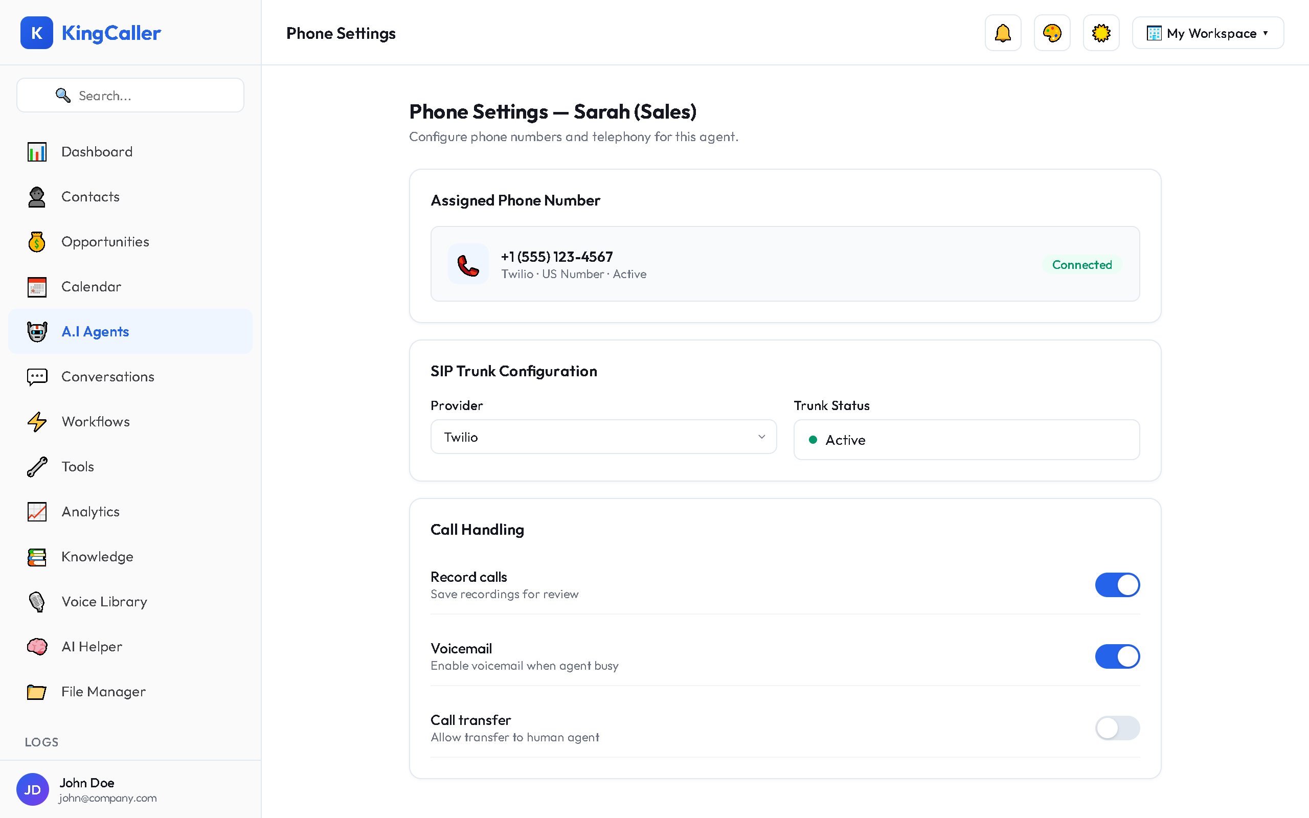 Agent Builder phone settings