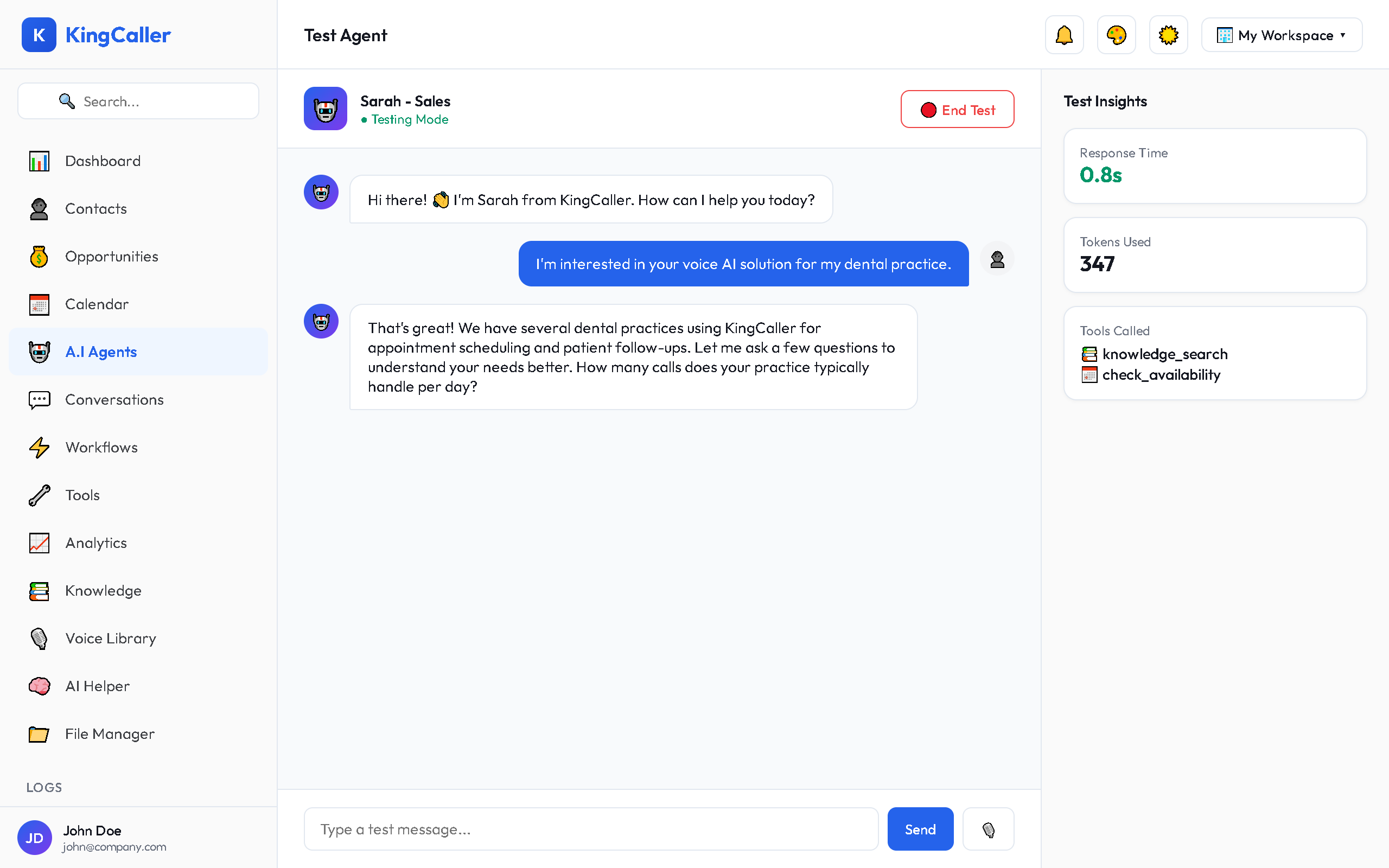 Agent Builder header with the Test button (phone icon) highlighted, and the test call panel overlay showing call controls (Mute, Hold, End) with a live waveform and call timer