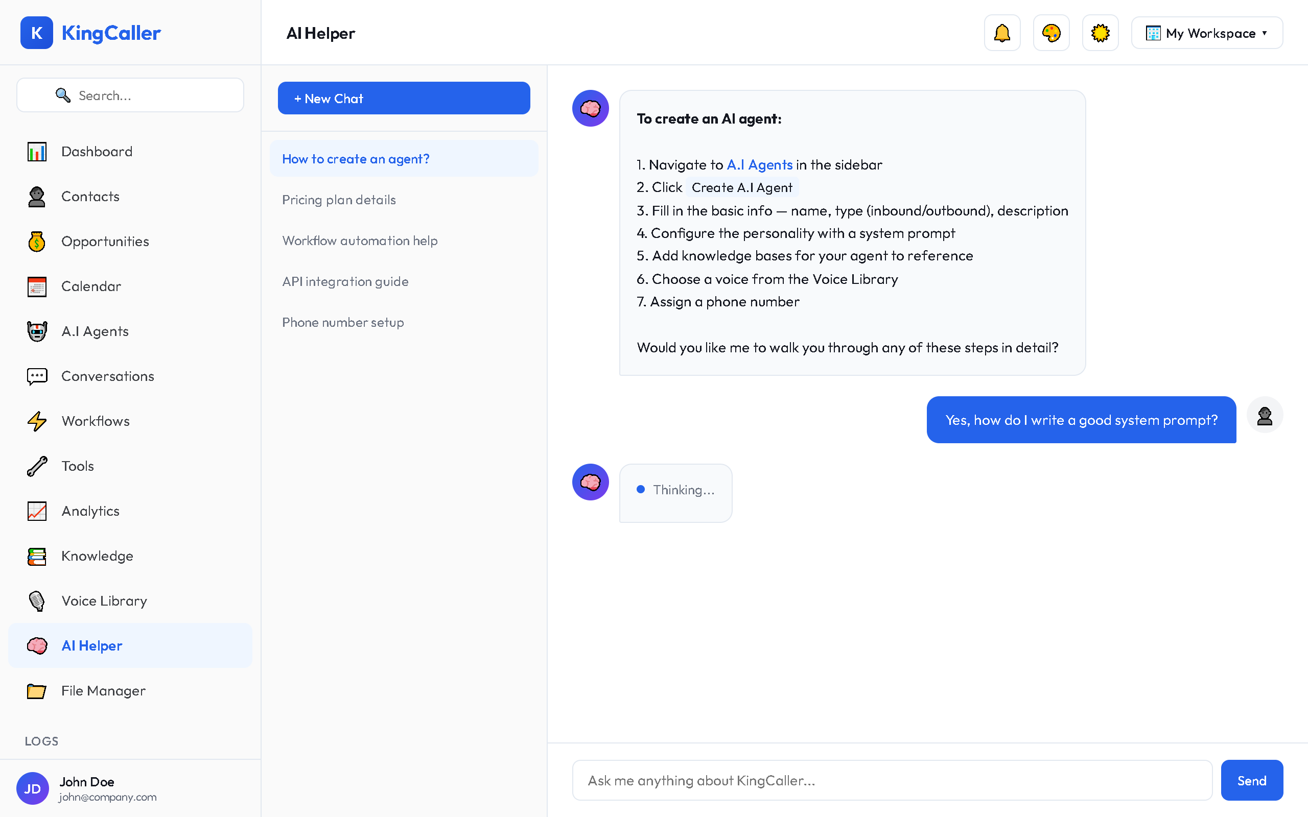 AI Helper chat interface with conversation list panel on the left showing previous chat threads, and the main chat area on the right with a typed question and AI response with formatted guidance text