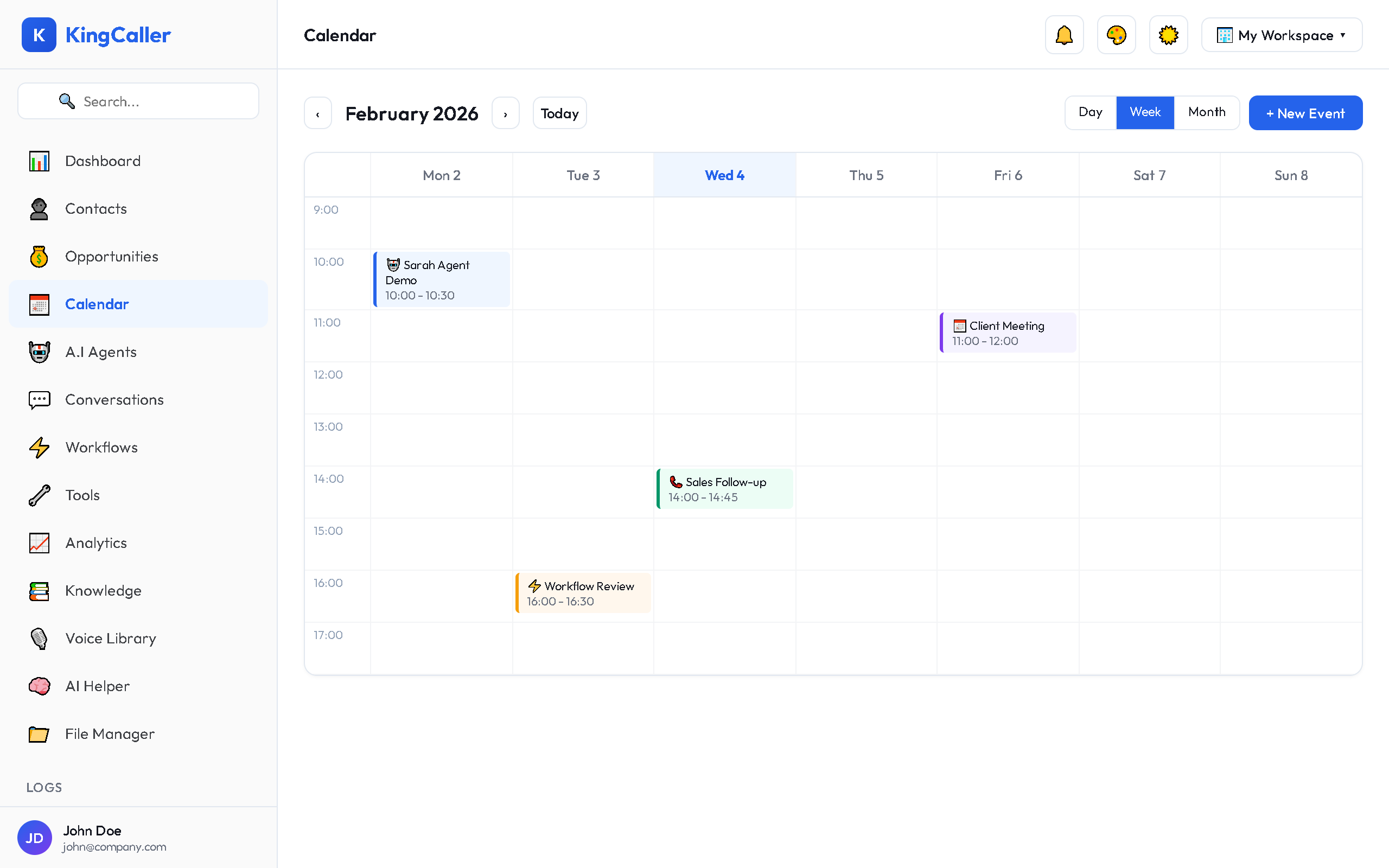 Calendar month view showing events on various dates, view switcher tabs (Month, Week, Day, Agenda, List) at top, navigation arrows, Today button, and mini-calendar sidebar