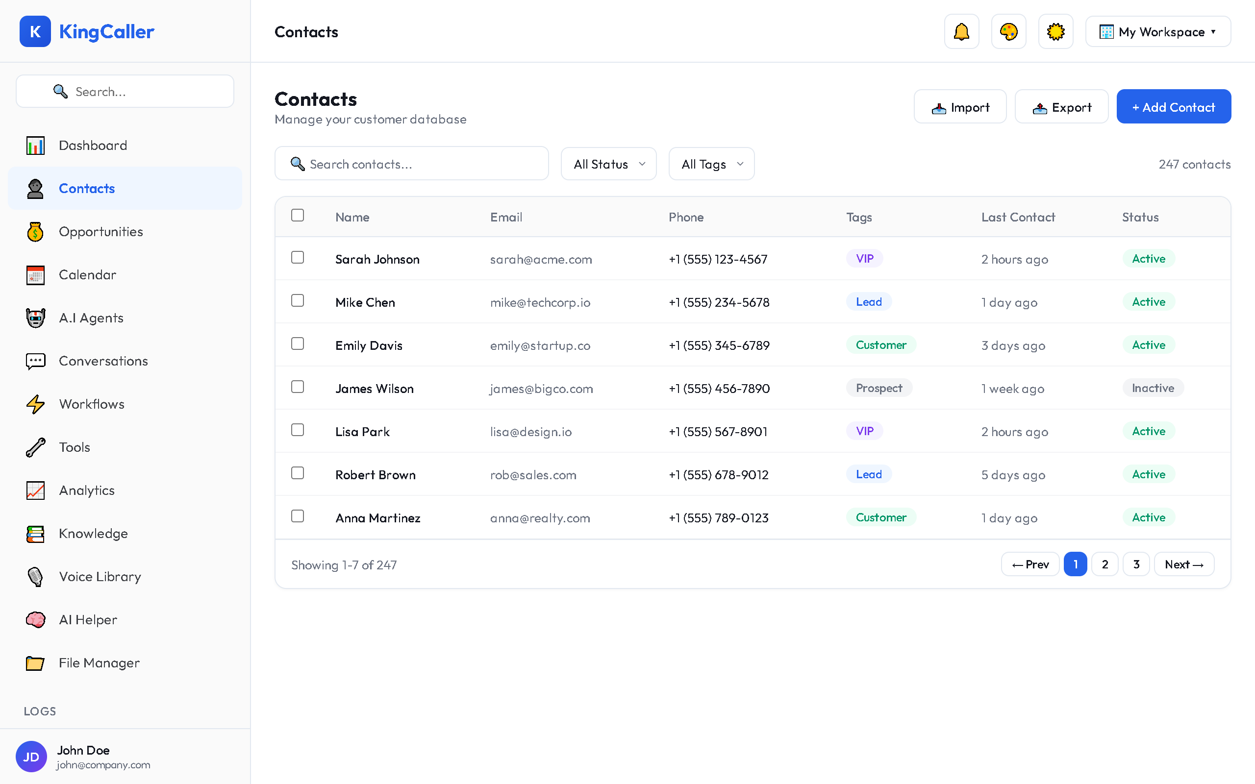 Contacts table view with sortable columns (Name, Email, Phone, Tags, Source, Created), search bar at the top, and action buttons for New Contact, Import, and Export