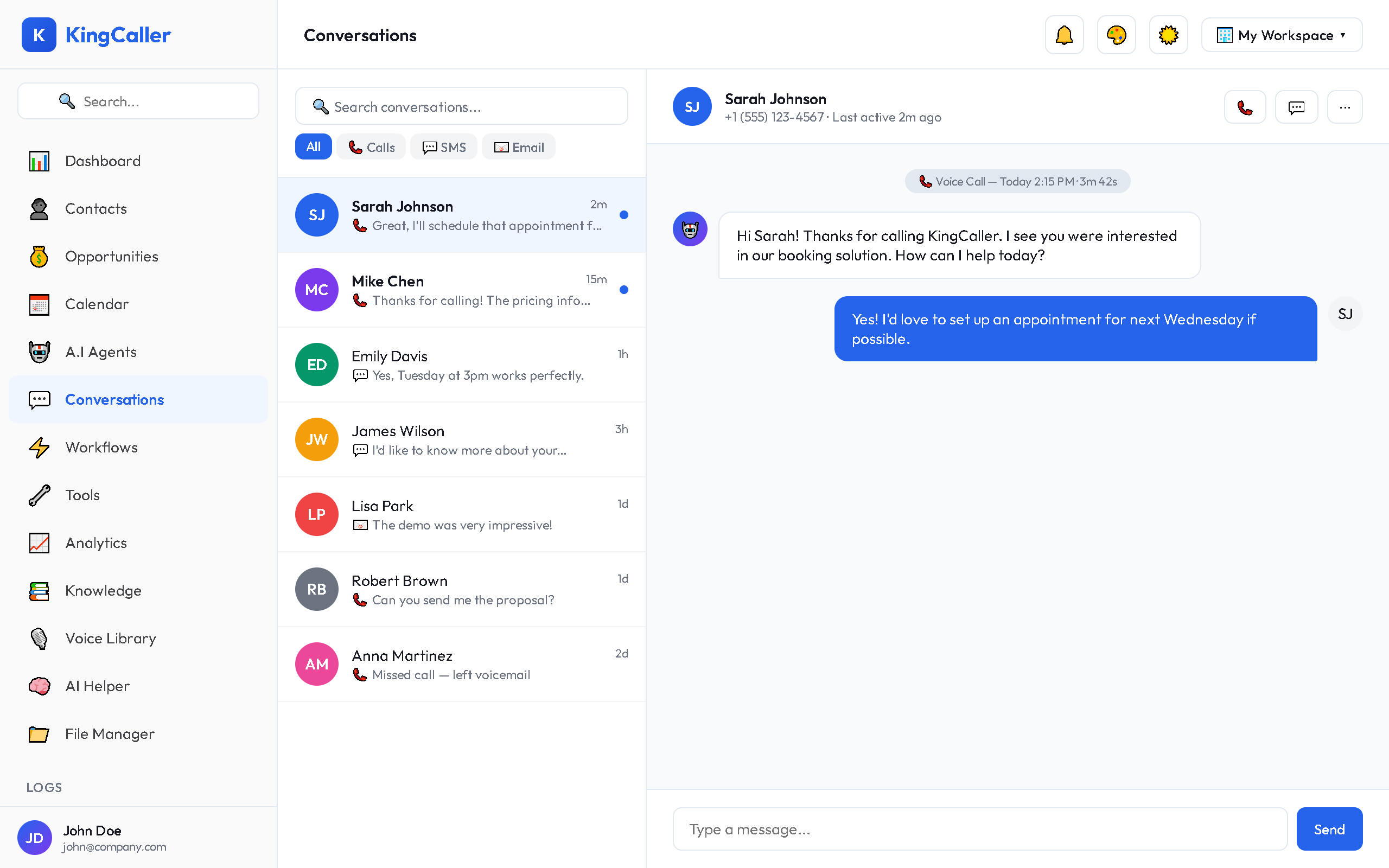 Unified Conversations inbox: left panel shows conversation list with filter tabs (Unread, Recents, Starred, All), center shows the active message thread with SMS and call entries, right shows contact detail sidebar with profile and call history