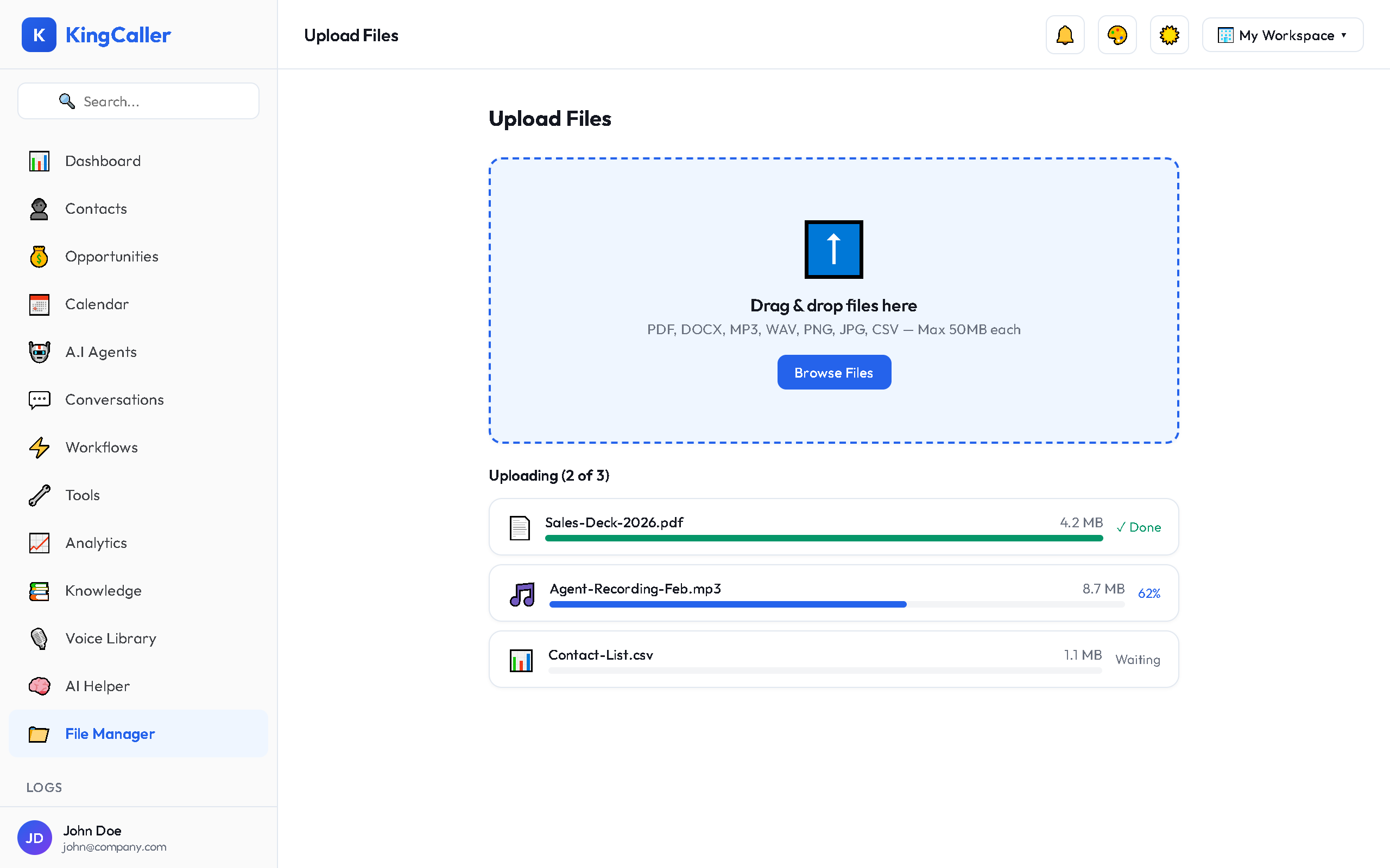 File Manager drag-and-drop zone highlighted with a dashed blue border, showing a file being dragged with a progress bar at 45% and upload speed indicator