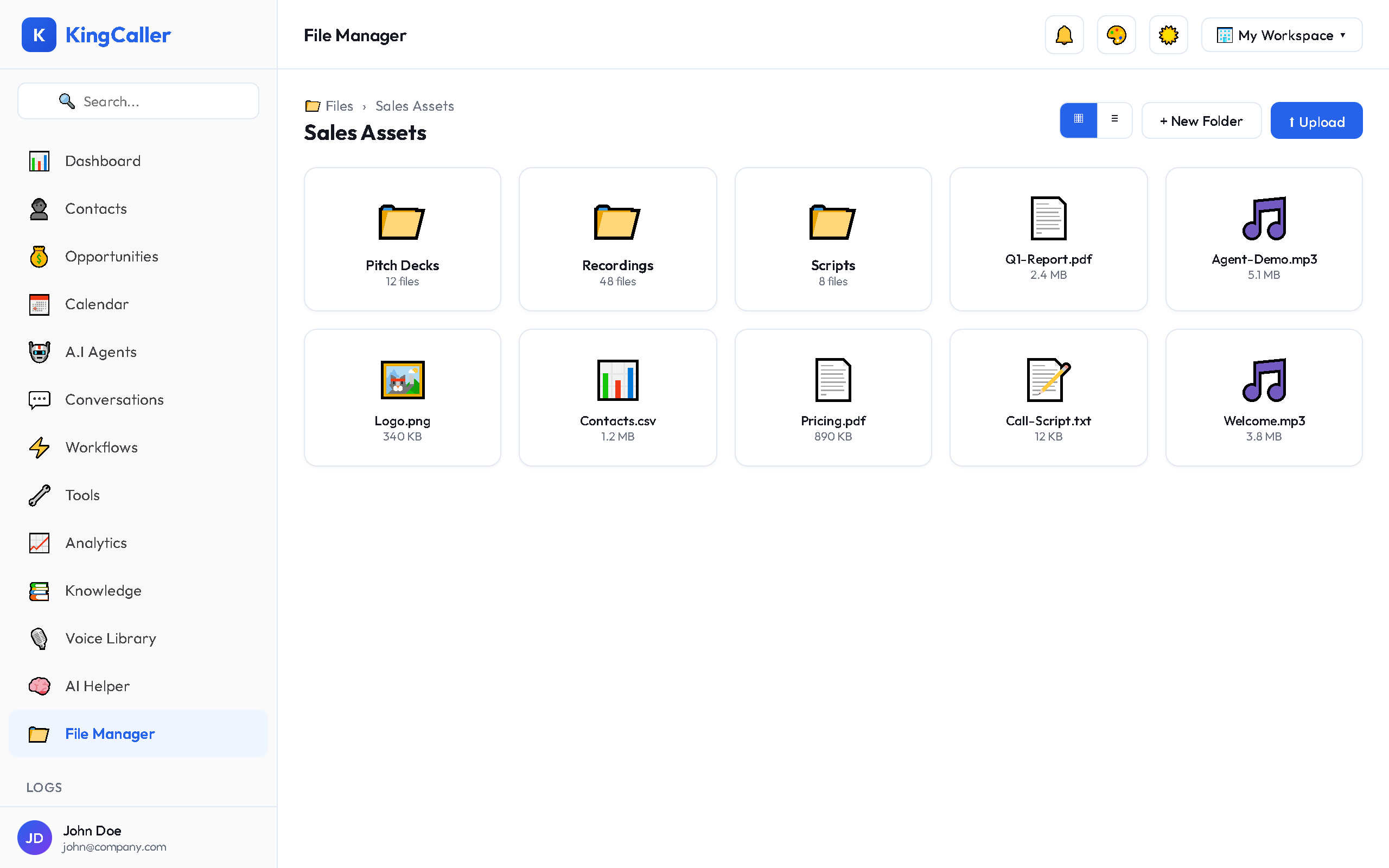 File Manager with folders and files in grid view