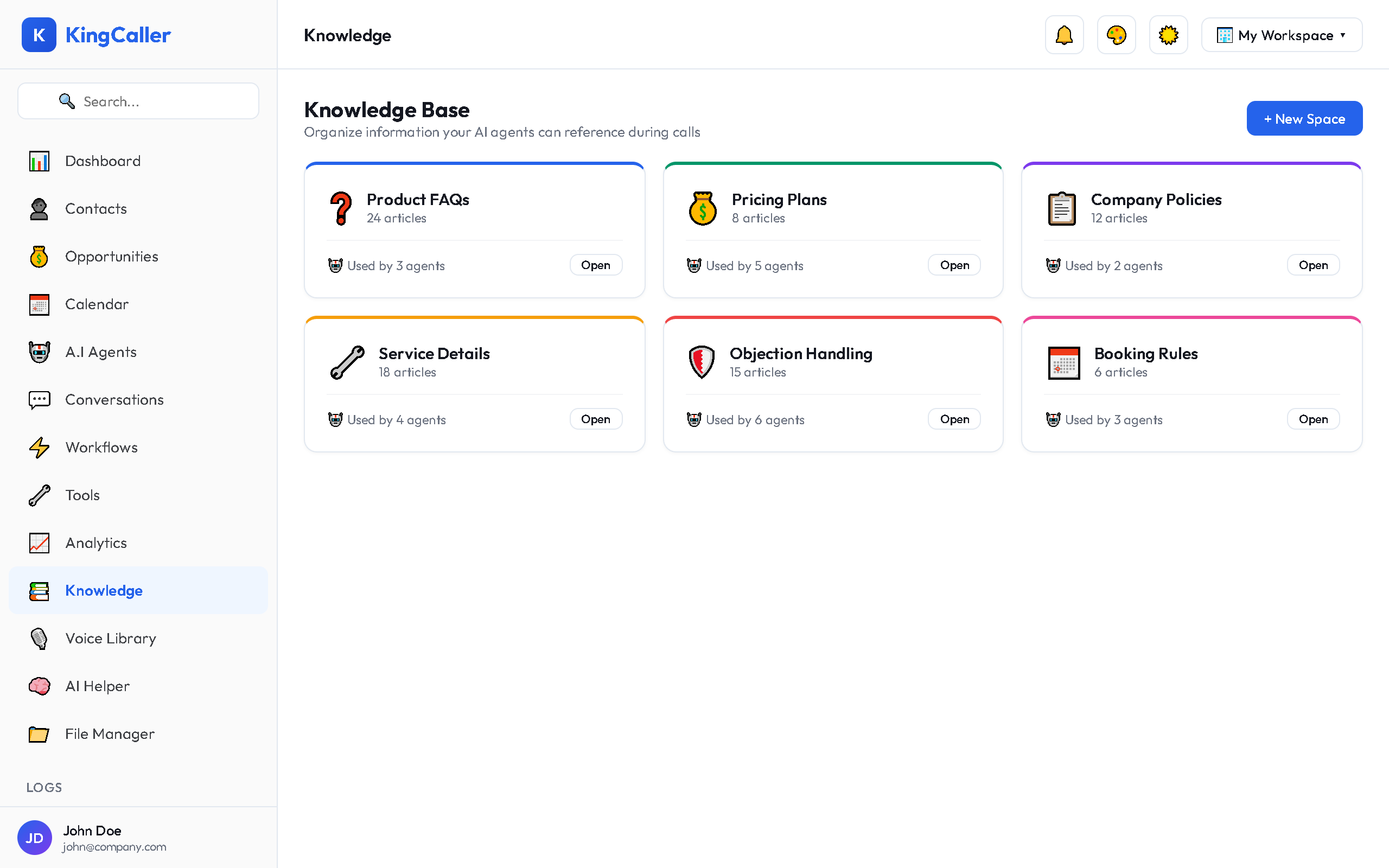 Knowledge page showing colored space cards in a grid (Product FAQs in blue, Pricing in green, Policies in purple), each card displaying the space name, article count, and category label