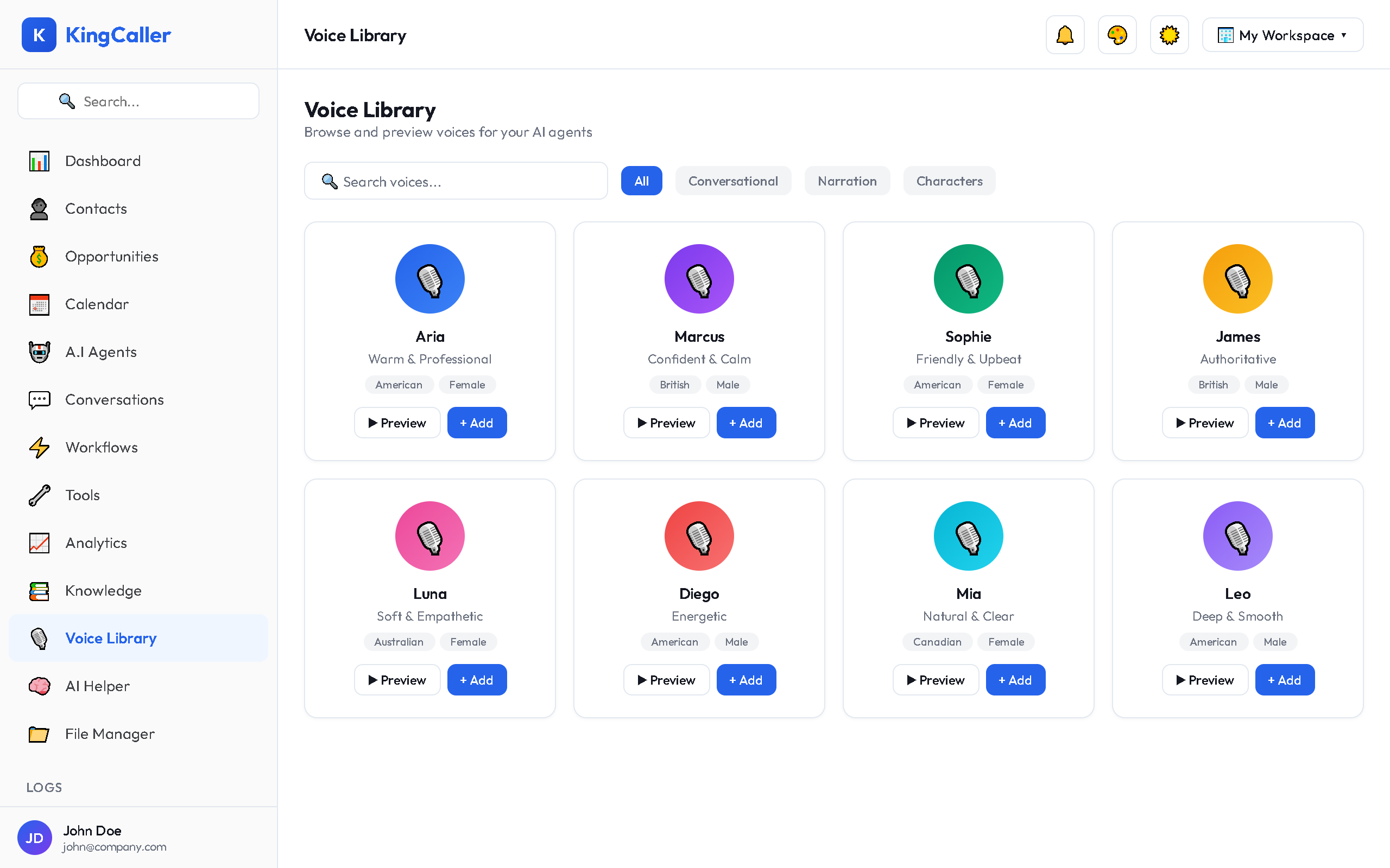 Voice Library grid showing voice cards with name, category badge, and a Play button on each card. Search bar at top, category filters (Conversational, Narration, Characters) below